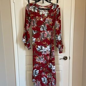 Burgundy floral high-low wrap dress